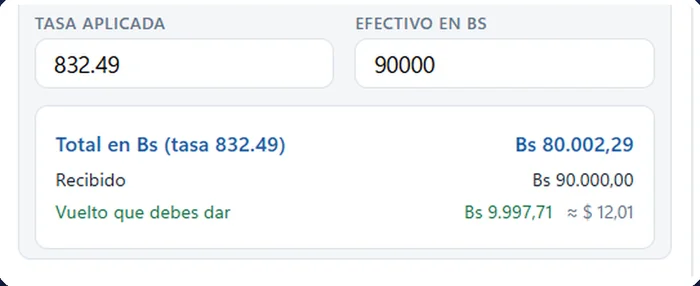 Cálculo de vuelto en bolívares con la tasa aplicada